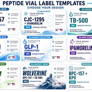 Könnte beinhalten: Eine Sammlung von neun rechteckigen Etikettenvorlagen für Peptidfläschchen mit verschiedenen Designs und Markennamen wie BPC-157, CJC-1295, TB-500, GHK-CU, GLP-1, IPAMORELIN und WOLVERINE. Jedes Etikett enthält Lagerungshinweise, ein USA-Flaggen-Symbol und Text.