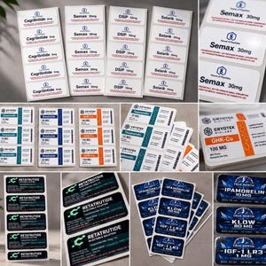 May include: A collection of rectangular adhesive labels featuring various pharmaceutical peptide names, dosages, and brand logos including House of Peptides, Cryotek Biolabs, and True North. The labels are printed in white, blue, orange, and black.
