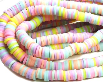 6mm Pastel Sweet Tarts Mix Polymer Clay and Vinyl Heishi Beads - 16 Inch Strand (350-380 beads) - Rainbow Vinyl Disc Beads - BR6-45