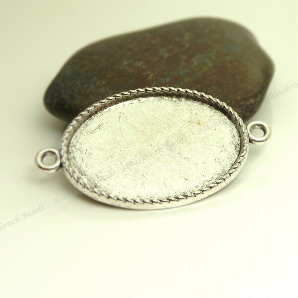 10 Rope Edge Oval Cabochon Connector Settings - Antique Silver Tone - Fits 18x25mm Cab, Bezel Trays, Cameo Base, Pendant Blank - BC24