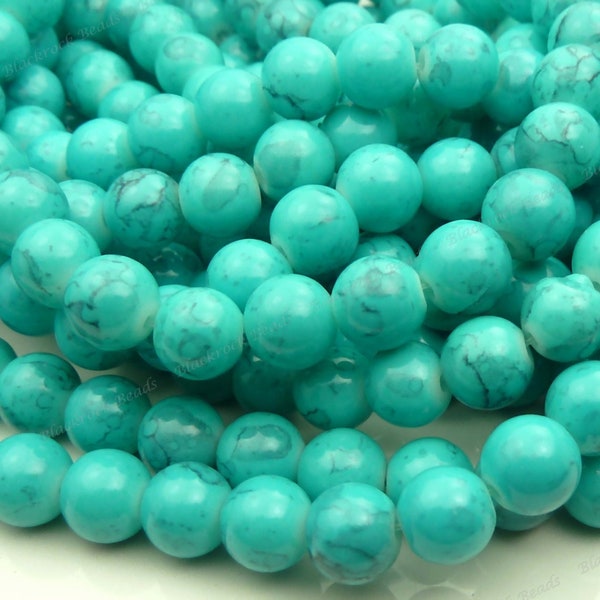 8mm Turquoise and Black Veined Round Glass Beads - 25 Pieces - BN2