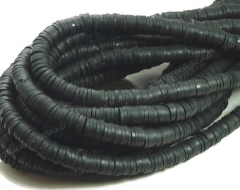 8mm Black Polymer Clay and Vinyl Heishi Beads - 17 Inch Strand (380 - 400 Beads) - Vinyl Disc Beads, Spacer Beads - BR6-35