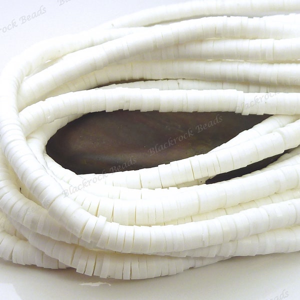 6mm White Polymer Clay and Vinyl Heishi Beads - 17 Inch Strand (380 - 400 Beads) - Vinyl Disc Beads, Spacer Beads - BR6-11