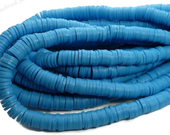 5 Full Strands - 6mm Dark Capri Blue Polymer Clay and Vinyl Heishi Beads - 17 Inch Strands (380 - 400 beads per strand) - BR5-29A