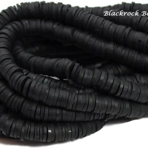 6mm Black Polymer Clay and Vinyl Heishi Beads - 16 Inch Strand (about 350 beads) - Vinyl Disc Beads, Spacer Beads - BR5-18KA