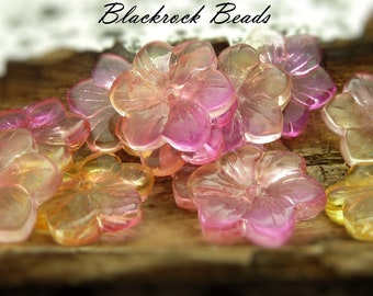 Pink and Yellow Flower Glass Beads - 10 Pieces - 15mm, Two Tone Flower Beads, Flat Round Beads, Scalloped Edges - BK4