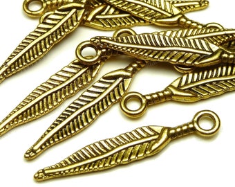 25 Etched Leaf Charms - Antique Gold Tone - 29x5mm, Leaf Pendants, Jewelry Findings - BT5