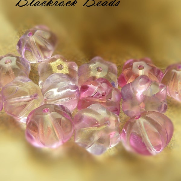 Pink, Light Purple, and Clear Flower Glass Beads - 10 Pieces - 8x10mm, Pumpkin Shaped Melon Beads, Metallic Gold Accented Beads - BK1