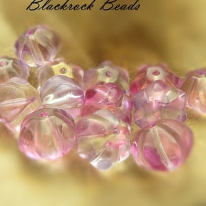 Pink, Light Purple, and Clear Flower Glass Beads 10 Pieces 8x10mm, Pumpkin Shaped Melon Beads, Metallic Gold Accented Beads BK1 image 2