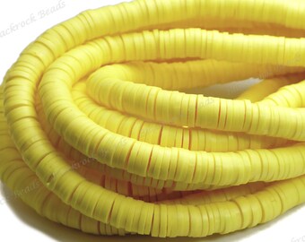 6mm Buttercup Yellow Polymer Clay and Vinyl Heishi Beads - 17 Inch Strand (380 - 400 Beads) - Vinyl Disc Beads, Spacer Beads - BR5-20