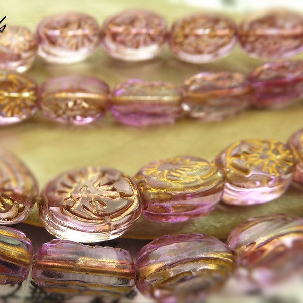 Amethyst Purple and Clear Oval Glass Beads - 32 Piece Strand - 11x8mm, Metallic Gold Etched Starburst Pattern, Light Purple Beads - BD48