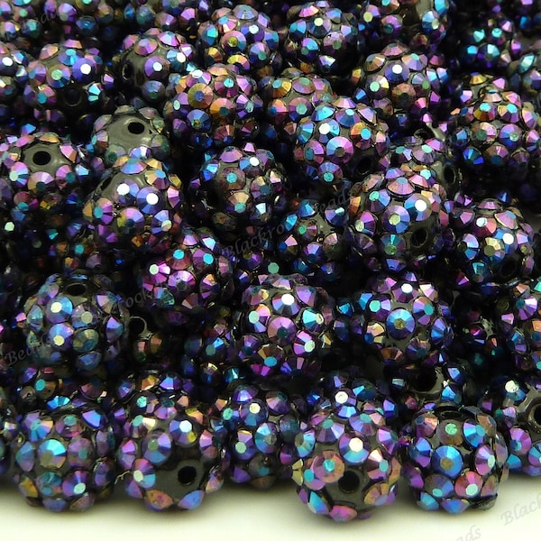 10x12mm Dark Blue Violet Resin Rhinestone Beads - 10pcs - Round Bubblegum Beads, Shiny Bling Beads, Disco Ball Beads, AB Finish - BQ33-30