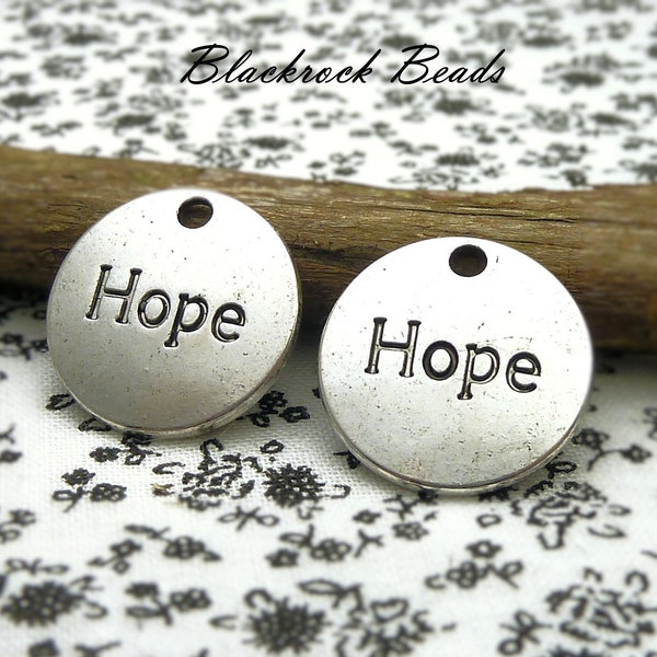 4 Hope Charms - Antique Silver Tone - 20mm, Engraved Message Pendants, Jewelry Findings - BB21