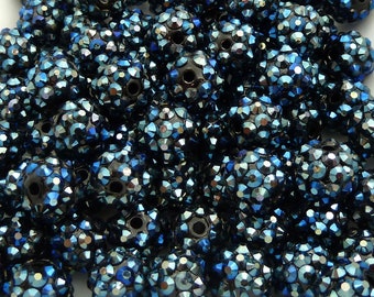 10x12mm Marine Blue Resin Rhinestone Beads - 10pcs - Round Bubblegum Beads, Disco Ball Beads, AB Finish - BQ34-38