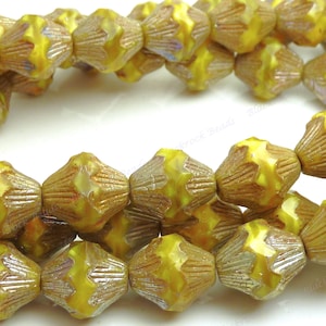 Lemon Yellow Czech Glass Bicone Beads - 6 Pieces - 13x12mm Golden Metallic Picasso Finish Czech Beads, Jewelry Beads, 1mm Bead Holes - BD46