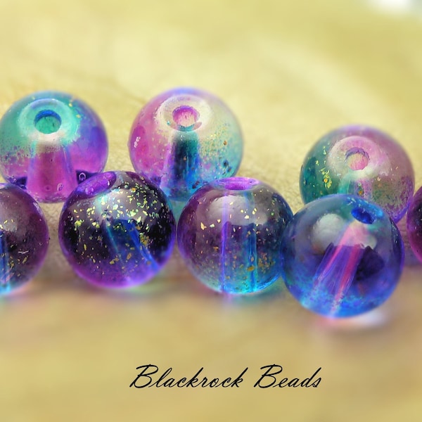 8mm Blue, Violet Purple, and Clear with Golden Foil Round Glass Beads - 25 Pieces - Multicolor Brushed Gold Foil Glitter Beads - BH18
