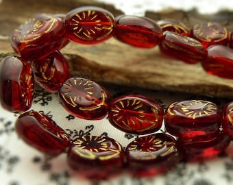 Dark Red Oval Glass Beads - 32 Piece Strand - 11x8mm, Metallic Gold Etched Starburst Pattern on Both Sides - BG37