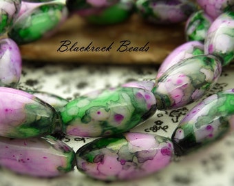10 Marbled Oval Glass Beads - 22x10mm, Green, Pink, Large Swirled Glass Beads, Patterned Jewelry Beads, Focal Beads - BR8-6