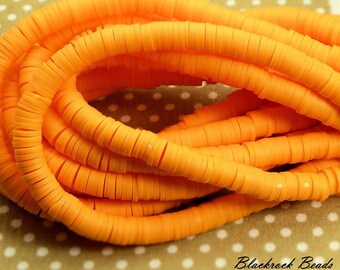 6mm Sunny Orange Polymer Clay and Vinyl Heishi Beads - 16 Inch Strand (about 350 beads) - Vinyl Disc Beads, Spacer Beads - BR7-42