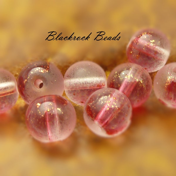 8mm Frosted Red and Clear with Golden Foil Round Glass Beads - 25 Pieces - Multicolor Brushed Gold Foil Glitter Beads, Matte Beads - BK29