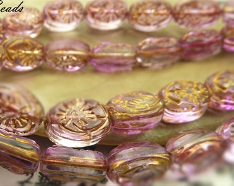 Amethyst Purple and Clear Oval Glass Beads - 32 Piece Strand - 11x8mm, Metallic Gold Etched Starburst Pattern, Light Purple Beads - BD48