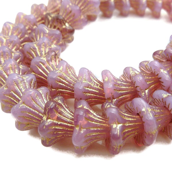 13x10mm Pink Opal Shimmery Picasso Czech Glass Beads - 8pcs - Center Drilled, Czech Flower Beads, Czech Bell Flowers - BD45