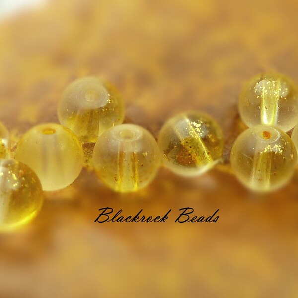 8mm Frosted Yellow and Clear with Golden Foil Round Glass Beads - 25 Pieces - Brushed Gold Foil Glitter Beads, Matte Finish Beads - BK42