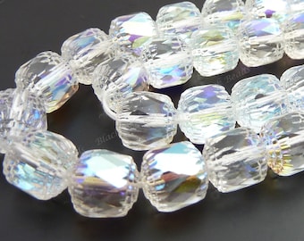 10mm Crystal Clear AB Finish Cathedral Czech Glass Beads - 20pc Strand - Fire Polished Glass, Faceted Barrel Beads - BD42