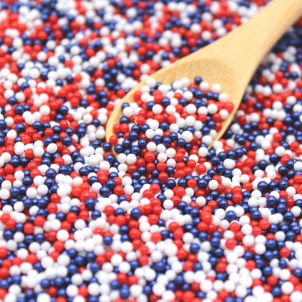 2mm July 4th Red White Blue Glass Nonpareil Sprinkles - Non-Edible Fake Bake Sprinkles, Deco Sugar Pearls, Caviar Beads, Faux Jimmies - NP36