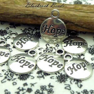 10 Hope Engraved Message Charms - Antique Silver Tone - 15mm Small Pendants, 3mm Bead Hole, Jewelry Findings - BB19