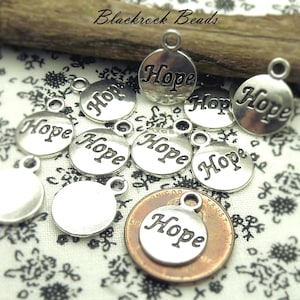 Bulk 30 Hope Engraved Message Charms - Antique Silver Tone - 15mm Small Pendant Dangles, 3mm Bead Hole, Jewelry Findings - BB19