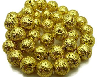 10mm Metallic Bright Gold Electroplated Lava Beads - 15.5 Inch Strand (38 Beads) - BH24