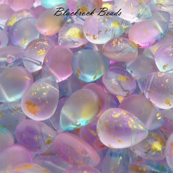 Frosted Rainbow and Metallic Gold Dusted Glass Teardrop Beads - 10 Pieces - 12x9mm, Top Drilled Drop Beads, Pink, Blue, Purple, Clear - BA4