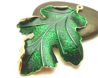 Large Green Enamel and Gold Tone Leaf Pendant 67x51mm - 1 or 5 Pieces - Focal, Necklace Charm, Findings, Ornate, Very Detailed - BF14
