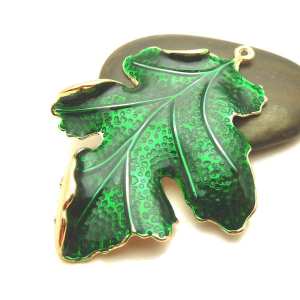 Large Green Enamel and Gold Tone Leaf Pendant 67x51mm - 1 or 5 Pieces - Focal, Necklace Charm, Findings, Ornate, Very Detailed - BF14