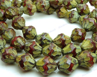 Dark Red Czech Picasso Bicone Beads - 13x12mm - 6 Pieces - Golden Metallic Picasso Finish, Large Bicone Beads - BD12