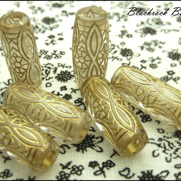 20 Clear and Gold Engraved Acrylic Oval Tube Beads - 21x8mm - Metallic Plated Beads, Patterned Beads - BA8