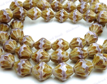 Purple Lilac Czech Picasso Bicone Beads - 13x12mm - 6 Pieces - Bronze Picasso Finish, Large Bicone Beads - BD46