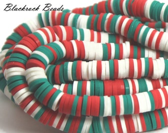 6mm Christmas Mix Red Green White Polymer Clay and Vinyl Heishi Beads - 17 Inch Strand (380 - 400 beads) - Holiday Vinyl Disc Beads - BR7-7