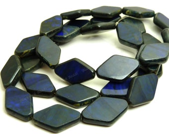 20x12mm Midnight Blue Picasso Czech Glass Beads - 10pc Strand - Czech Rhombus Beads, Rustic Diamond Shaped Beads, Black Stripes - BE41