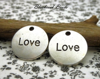 4 Love Charms - Antique Silver Tone - 20mm, Engraved Message Pendants, Jewelry Findings - BB30