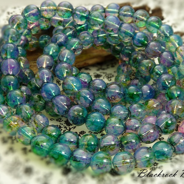 Bulk 50 Blue, Green, and Purple Round Glass Beads - 8mm Colorful Beads, Marbled Pattern Jewelry Beads, Craft Supplies - BP44