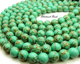 10mm Turquoise Green Gold Vein Magnesite Beads - 16 Inch Strand (about 40 beads) - Round Gemstone Beads, Smooth Shiny Finish - BT1