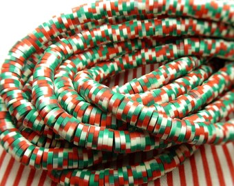 8mm Christmas Polymer Clay and Vinyl Heishi Beads - 16 Inch Strand (about 350 beads) - Vinyl Disc Beads, Red, Green, White - BR7-22
