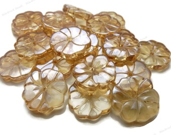 Light Golden Tan Flower Glass Beads - 10 Pieces - 15mm, Metallic Golden Plated Edges, AB Finish, Scalloped Flat Round Beads - BF38