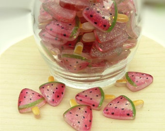 10 Watermelon Popsicle Resin Cabochons - 23x16mm Flatback Cabs, Decoden, Summer Cabs, Scrapbook Embellishments, Fake Food Cabochons - BE11