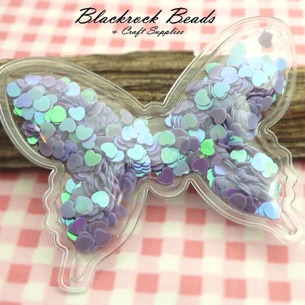 2 Butterfly Shaped Shakers With Purple Heart Confetti Paillettes - Plastic Shakers for DIY Hair Clips, Scrapbook Supplies 42x54mm - BR9-30