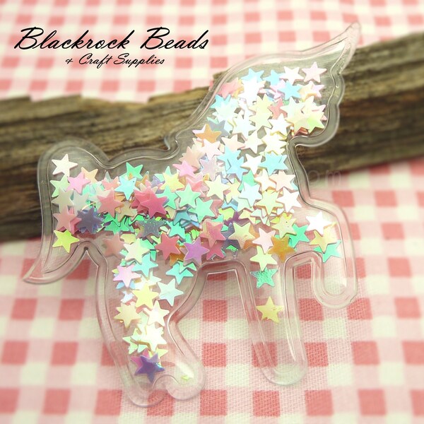 2 Unicorn Shaped Shakers With Pastel Star Confetti Paillettes - Plastic Shakers for DIY Hair Clips, Scrapbooking Supplies 55x66mm - BR9-33