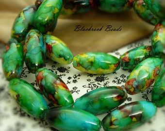 10 Marbled Oval Glass Beads - 22x10mm, Green, Yellow, Red, Blue, Large Swirled Glass Beads, Patterned Jewelry Beads, Focal Beads - BR8-22