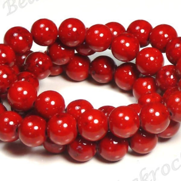 8mm Cherry Red Fossil Stone Round Beads - 16 Inch Strand - Dark Maroon Beads - BP30